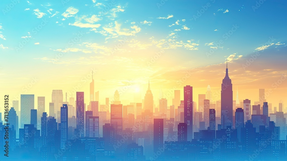 city skyline at sunset, blue sky city morning, City Sky Scrapers with blue and bright skies Vector silhouette  generative AI