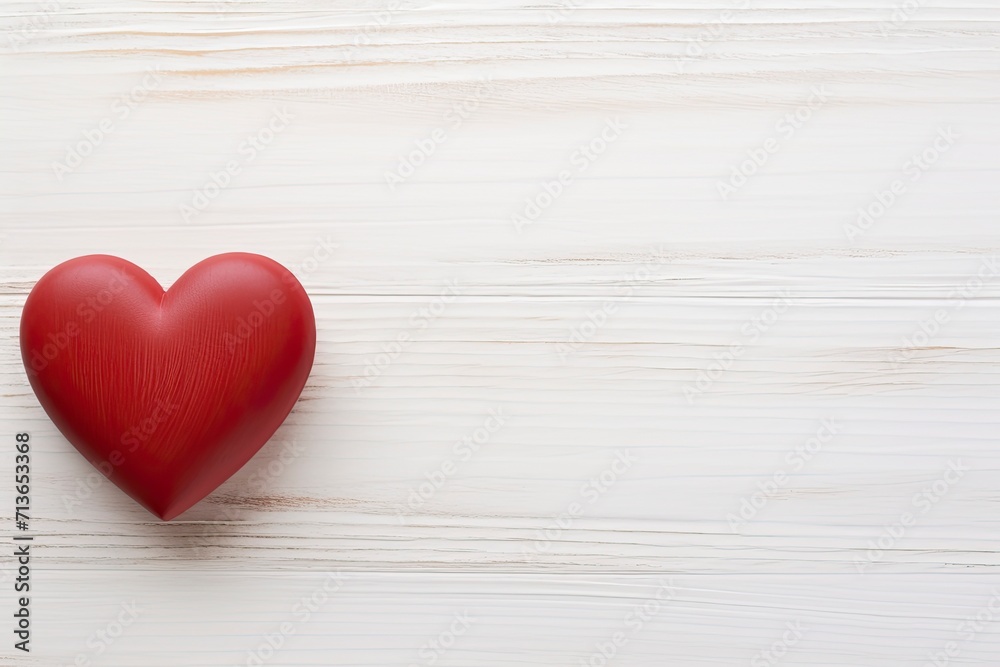 Overhead shot of a small red heart on a white wooden background - romantic concept, copy space - generative ai Overhead shot of a small red heart on a white wooden background - romantic concept, copy space - generative ai