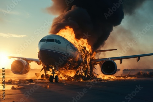 Aviation Disaster: A Plane Ignites in Flames on the Runway, Unleashing Chaos and Emergency Response in a Gripping Airport Tragedy. 