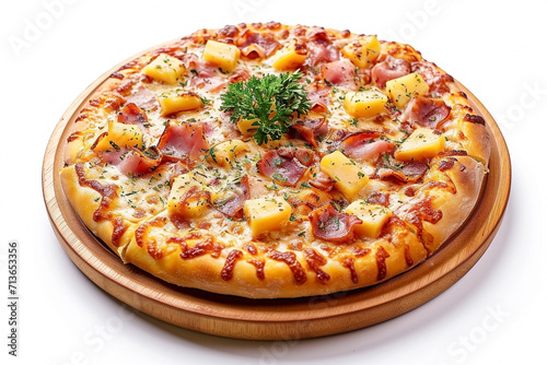 A closeup shot of a Hawaiian pizza on a white background - Generative AI