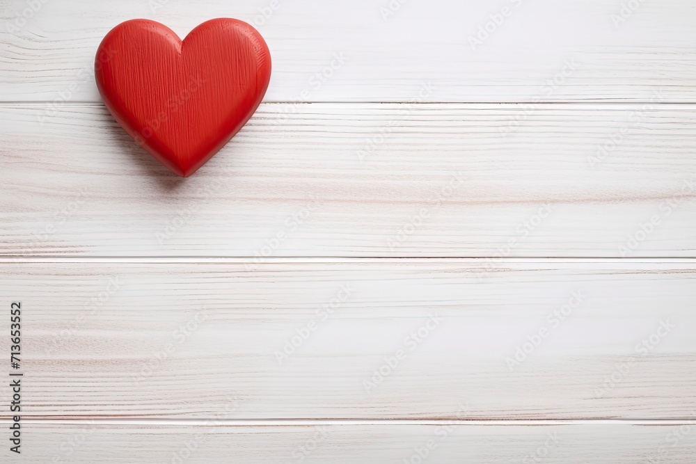 Overhead shot of a small red heart on a white wooden background - romantic concept, copy space - generative ai Overhead shot of a small red heart on a white wooden background - romantic concept, copy space - generative ai