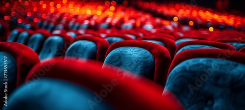 Close up of empty theater chairs in a movie theater, auditorium seats with no audience