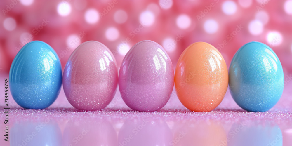 decorated Easter eggs in a row against a solid background decorated Easter eggs in a row against a solid background