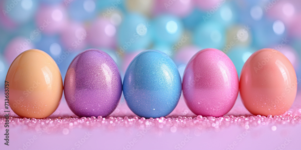 decorated Easter eggs in a row against a solid background decorated Easter eggs in a row against a solid background