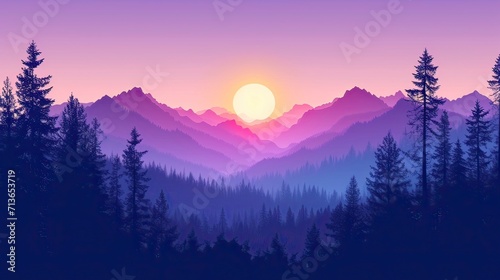 sunset in the mountains Mountain Landscape with bright sky and purple trees color Vector silhouette generative AI