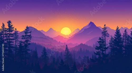 Mountain Landscape with bright sky and purple trees color Vector silhouette generative AI