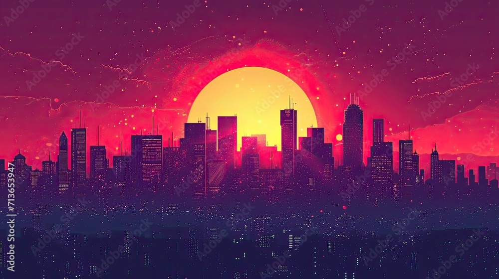 city skyline at bigest sunset Retro 90s city Background Vector silhouette generative AI