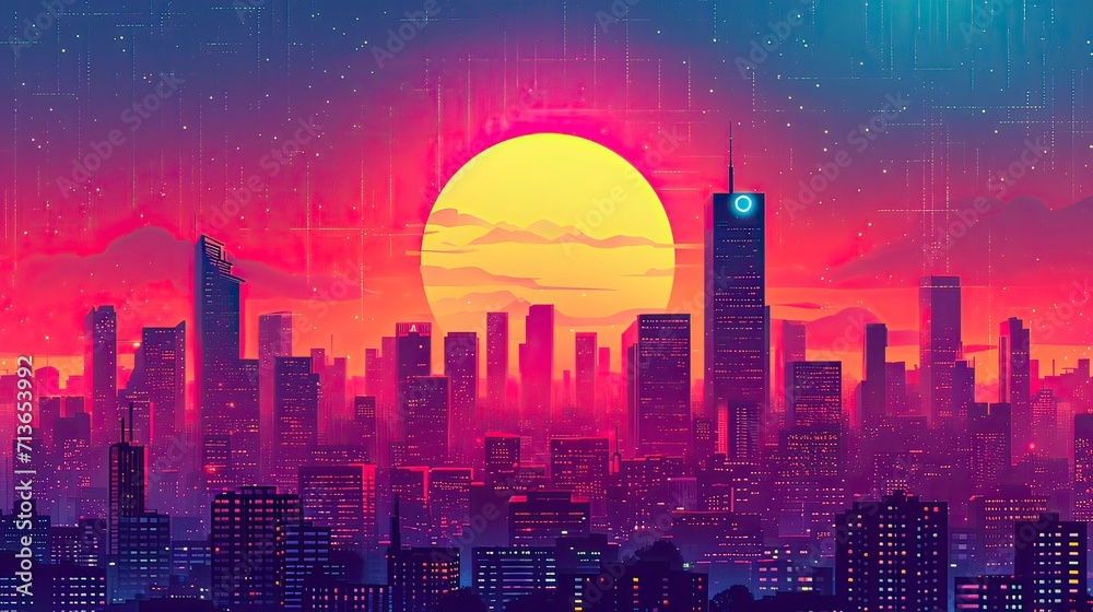 city skyline at sunset illustration, Retro 90s city Background Vector silhouette generative AI - obrazy, fototapety, plakaty 