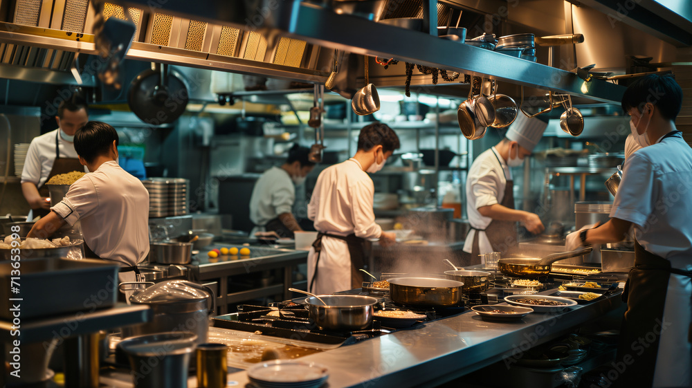 a busy kitchen situation to prepare a meal in a restaurant's kitchen