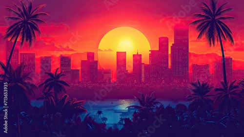 sunset over the city Retro 90s city Background Vector silhouette generative AI