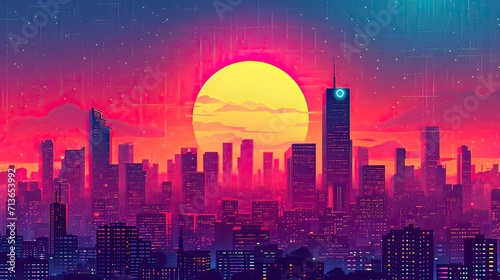 city skyline at sunset illustration, Retro 90s city Background Vector silhouette generative AI photo