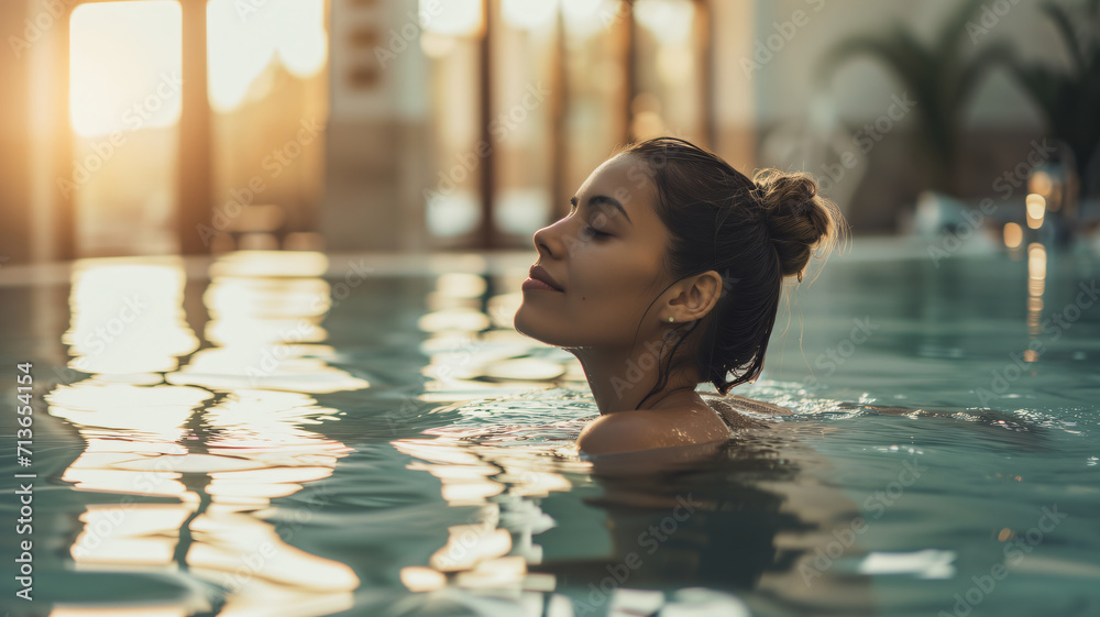 Portrait of a beautiful woman relaxing in the swimming pool in the afternoon Portrait of a beautiful woman relaxing in the swimming pool in the afternoon