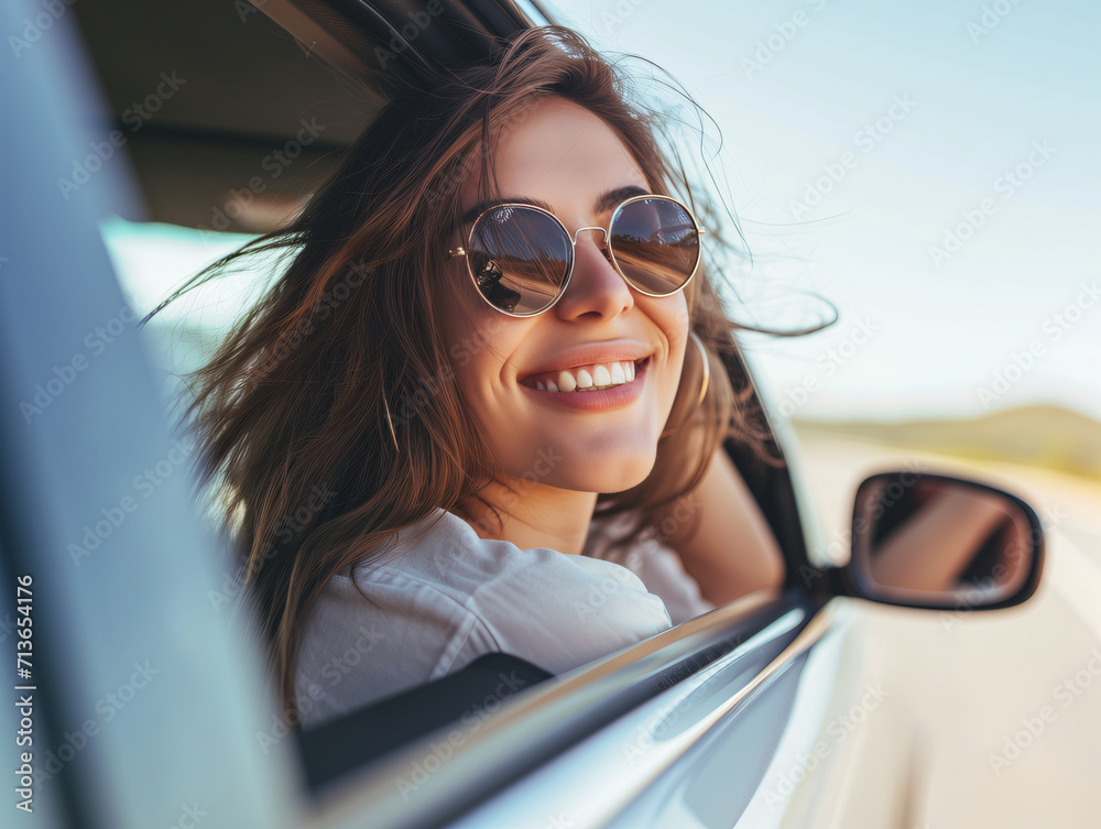 A happy woman in glasses looks out through the window of a moving car