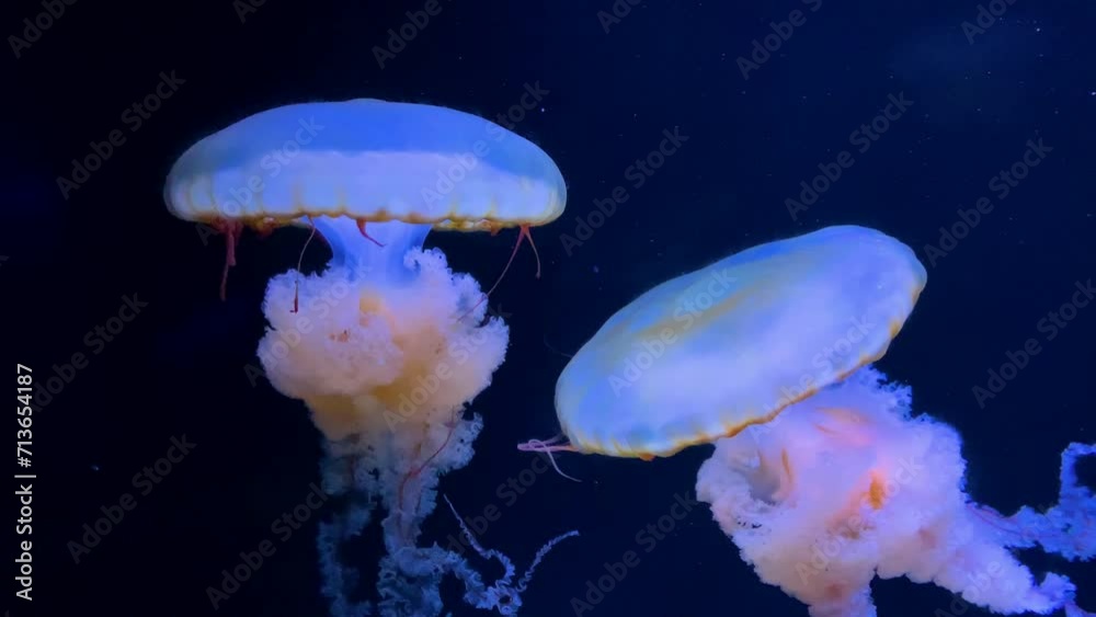 a group of fluorescent jellyfish swimming in an aquarium pool. transparent underwater shots of jellyfish with glowing jellyfish moving in the water. sea life wallpaper background. a group of fluorescent jellyfish swimming in an aquarium pool. transparent underwater shots of jellyfish with glowing jellyfish moving in the water. sea life wallpaper background.
