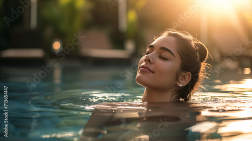 Portrait of a beautiful woman relaxing in the swimming pool in the afternoon