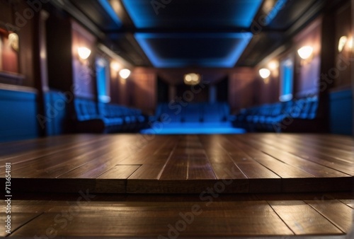 Wooden floor with blue lights on stage in a theater background from Generative AI