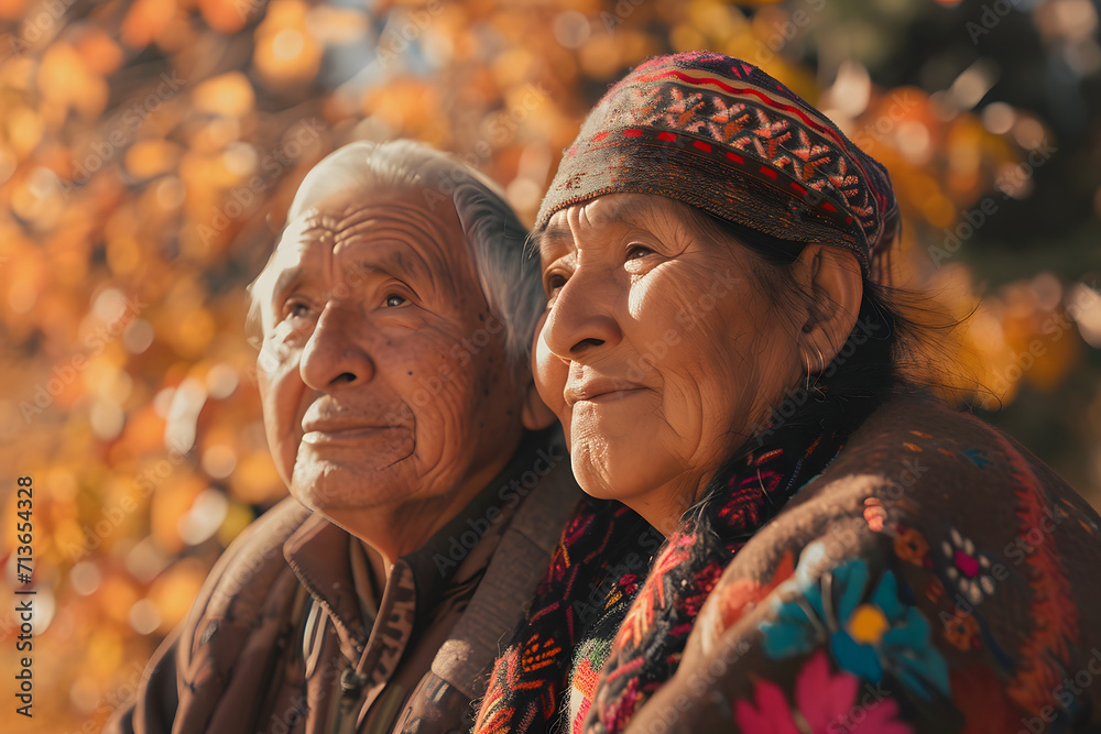 senior native americans couple smiling at sunrise, close-up - obrazy, fototapety, plakaty 