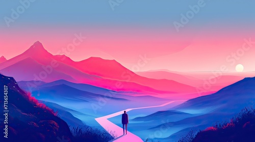 an hd illustrated background for a b2b website hero of a landcape and road, a person on a journey, colors light blue and fuchsia generative AI