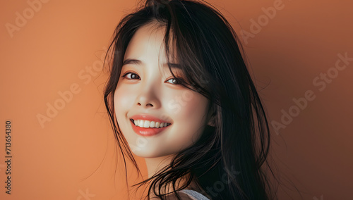 beauty korea with long hair smiling against a brown background