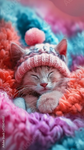 kitty cat kitten sleeping blanket hat wearing sweater pink power catling tired cute refreshing color snowy blossom photo
