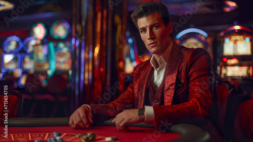 An elegant man in a business suit sits in a casino  a man plays in a casino  Casino background