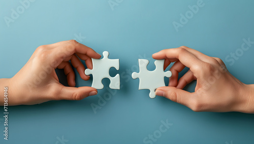 hand holding two jigsaw puzzle pieces in front of a blue background 
 photo
