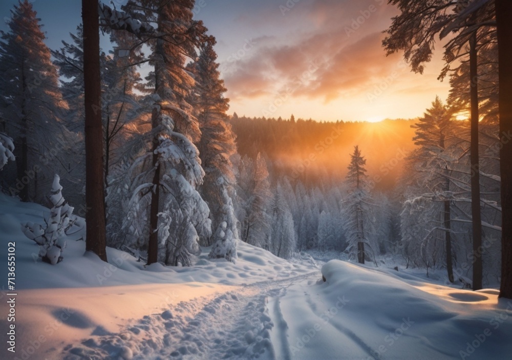 Forest at winter in sunrise from Generative AI Forest at winter in sunrise from Generative AI