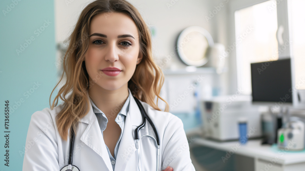 Profile photo of attractive doctor with crossed arms wearing white lab coat stethoscope Profile photo of attractive doctor with crossed arms wearing white lab coat stethoscope