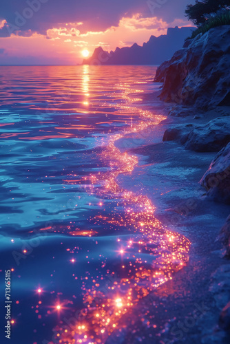 light blue beach covered with colored glowing glass, fluorescent ocean, moonlight, sparkling stars. AI generative