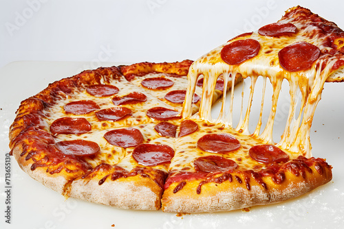 pepperoni pizza with dripping melted cheese on a white surface  photo