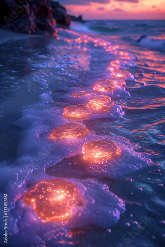 light blue beach covered with colored glowing glass, fluorescent ocean, moonlight, sparkling stars. AI generative