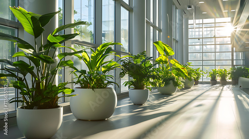 Raios de sol entram pelas grandes janelas de um espaÃ§o de escritÃ³rio moderno e arejado iluminando uma exuberante variedade de plantas internas