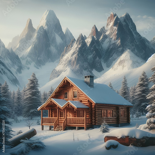 Casita de madera rodeada entre grandes montañas con nieve