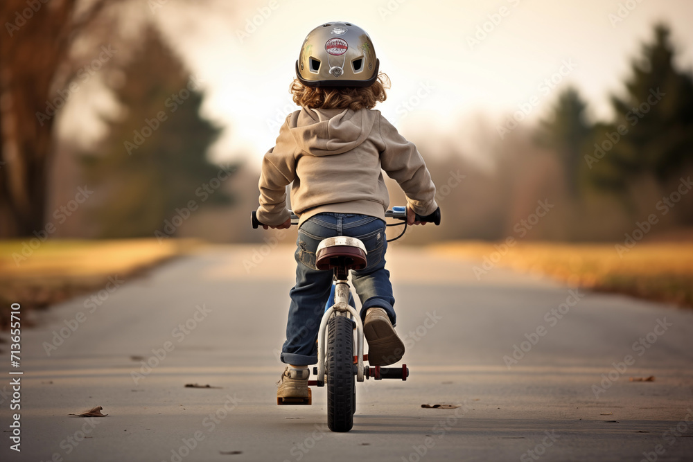 Naklejka premium Rear view of young child riding a bike in the street with selective focus