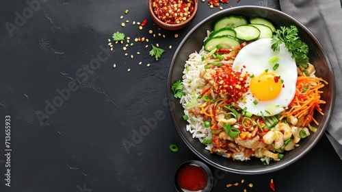 Delicious Nasi Goreng background with ample space for text, showcasing a flavorful and spicy traditional Indonesian dish topped with eggs, vegetables, and a garnish of selected spices photo