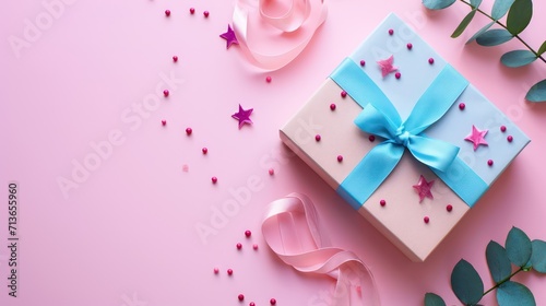 Minimalist pastel gift box background with space for text  featuring an elegantly wrapped gift box adorned with ribbon decoration  