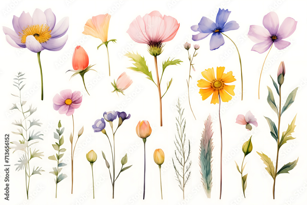 set of colorful spring and summer flowers painted in watercolor on a white background set of colorful spring and summer flowers painted in watercolor on a white background