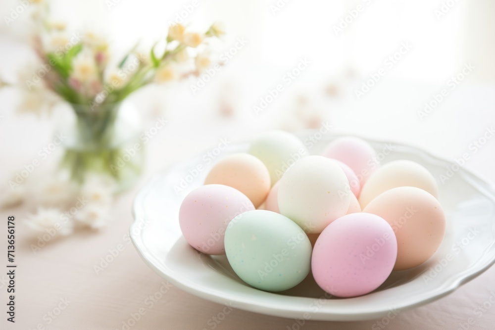 Soft Pastel Easter Eggs on a Porcelain Plate. Generative AI.