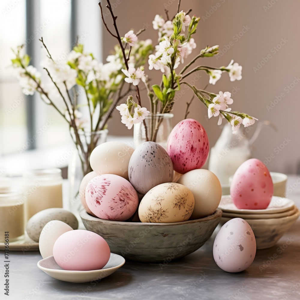 Pastel Easter Eggs in a Ceramic Bowl with Blossoms. Generative AI. Pastel Easter Eggs in a Ceramic Bowl with Blossoms. Generative AI.