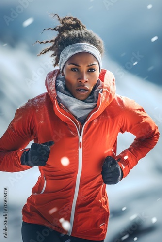 female runner exercising running on winter snow mountain