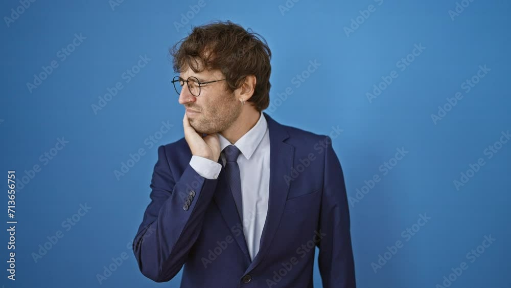 Pain-stricken young guy in business suit clutching mouth, clear agony from toothache. dental illness in his hispanic features. blue isolated backdrop, perfect dentistry portrait. Pain-stricken young guy in business suit clutching mouth, clear agony from toothache. dental illness in his hispanic features. blue isolated backdrop, perfect dentistry portrait.