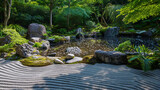 O jardim zen é um oásis sereno de tranquilidade com cascalho cuidadosamente rastelado representando ondulações em um lago