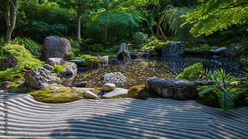 O jardim zen é um oásis sereno de tranquilidade com cascalho cuidadosamente rastelado representando ondulações em um lago