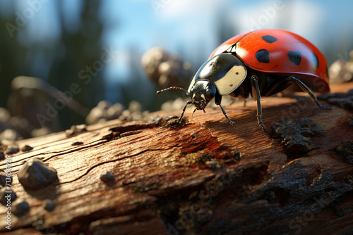 A big ladybird on a cracked log