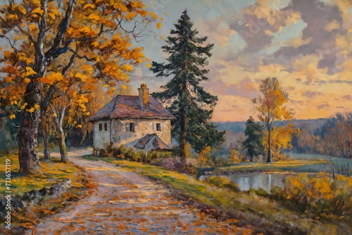 country road house trees background fall golden hour year sola pieces land unique environment highly old near pond