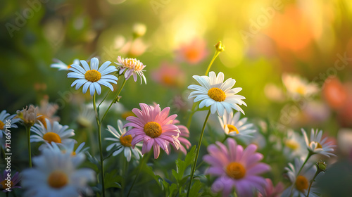 Flores vibrantes e vegetação exuberante preenchem um jardim iluminado pelo sol criando uma tapeçaria de beleza natural photo