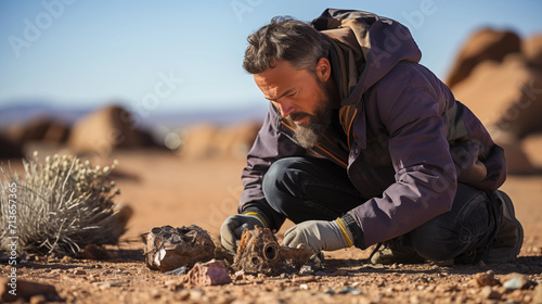 A scientist examines fossils in the desert
