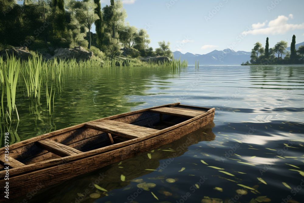 Obraz premium A wooden raft floating on a calm serene lake