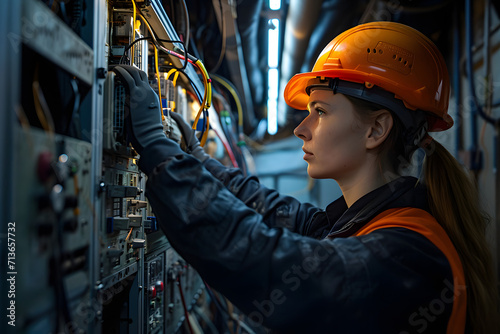 woman in hard hat checking electrical panels in a factory 