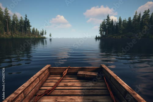 A wooden raft floating on a calm serene lake